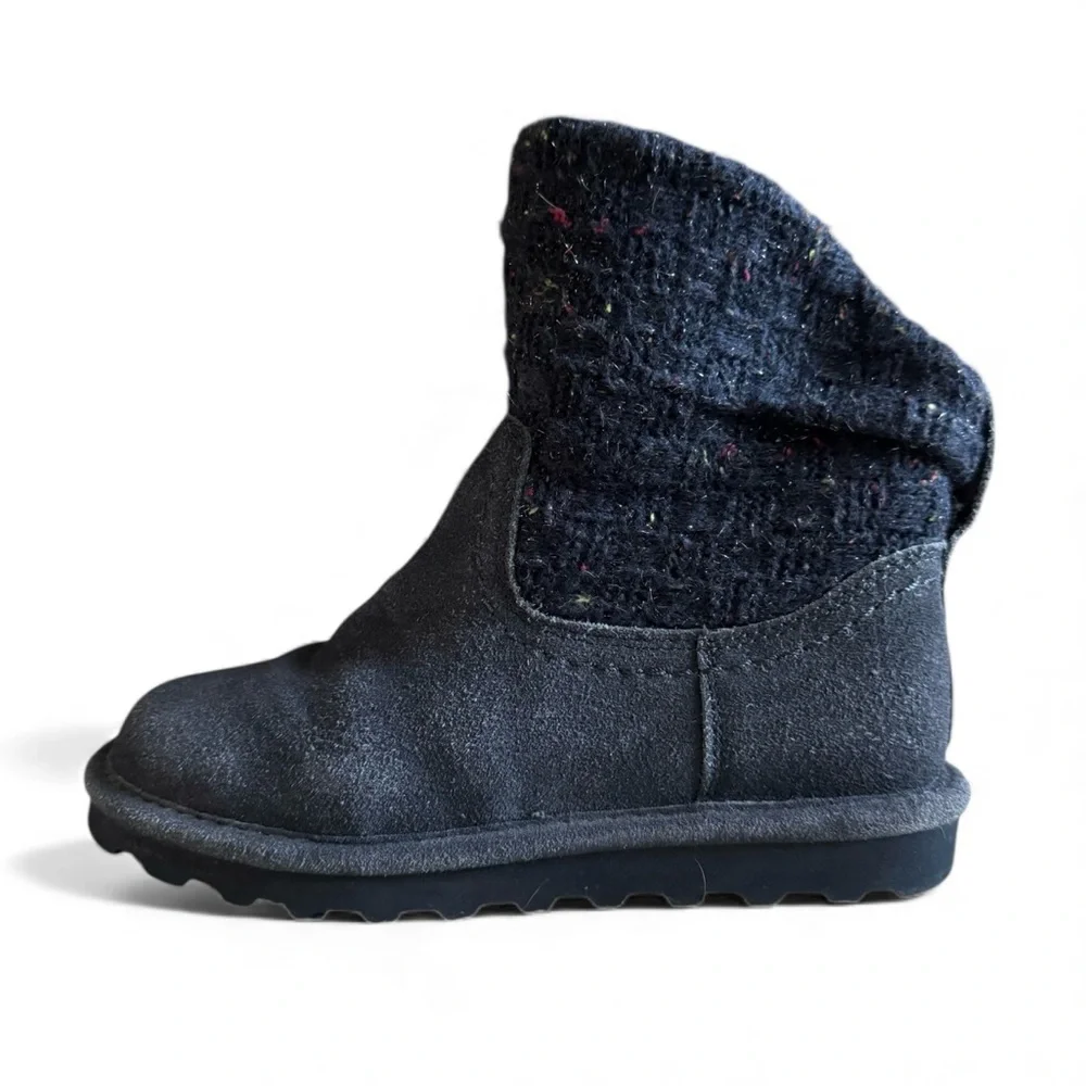 Bearpaw Suede Knit Winter Boots Slip-On Warm Cozy Lounge Pull-On Navy Size 6